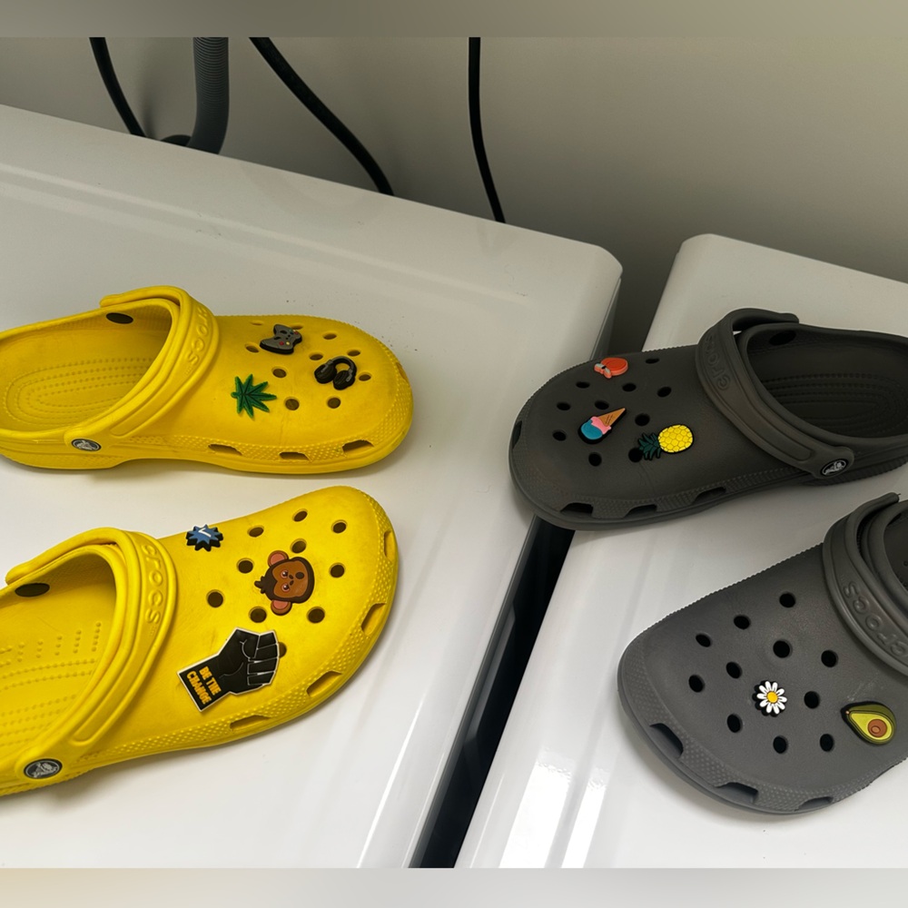 Yellow and Gray Crocs with Fun Charms (2 pairs)